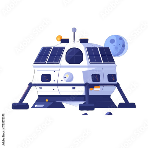 White And Blue Lunar Lander With Solar Panels And Orange Accents Against A White Background And Faint Moon
