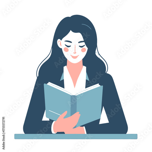 Woman with Long Black Hair Reading Book in Office Attire with White Shirt and Dark Blazer Flat Vector Graphic Illustration