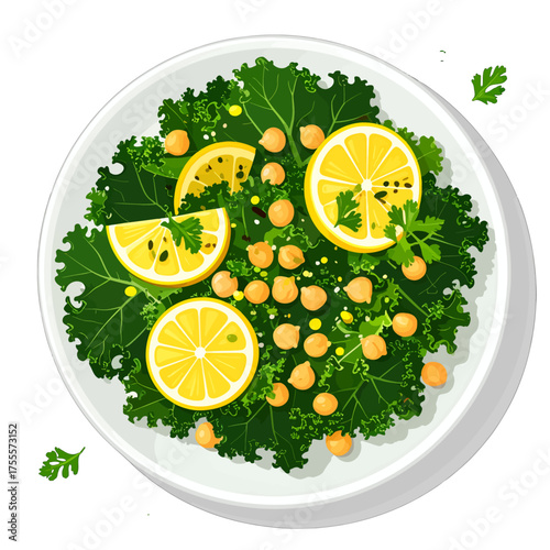 Overhead View of Green Kale Salad with Sliced Lemons and Chickpeas on White Plate
