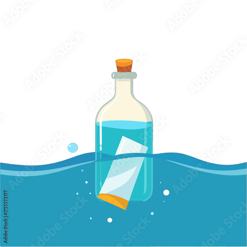 Blue Ocean Water with Glass Bottle and Paper Letter Message Floating Illustration