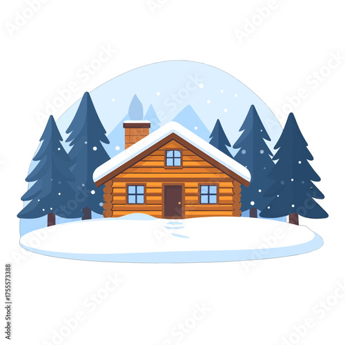 Cozy Log Cabin in Snowy Winter Forest Pixel Art Style with Blue Spruce Trees Falling Snow and Mountain Background Holiday Card Graphic