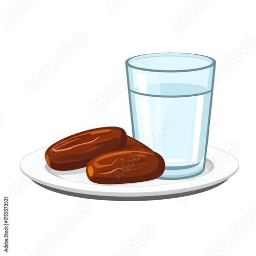 Pixel Art Illustration of Dates and Water on Plate for Ramadan Iftar in White Background