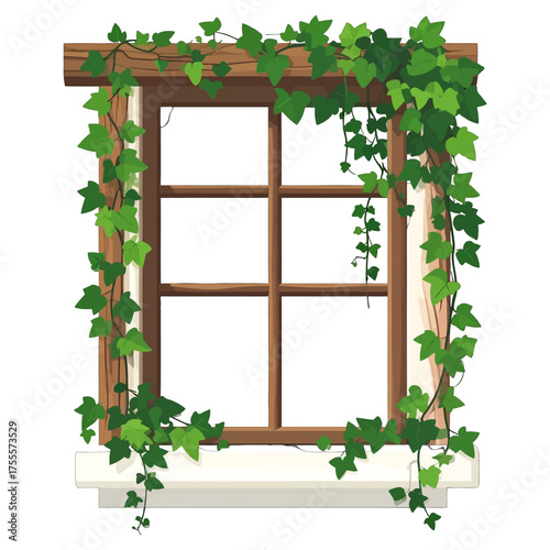 Wooden Window Frame Adorned With Climbing Green Ivy Plants Isolated on White Background in Pixel Art Style Detailed Stock Illustration
