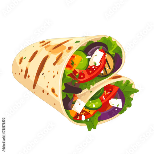 Isometric Vegetable Wrap with Tomatoes Feta and Greens in a Tortilla