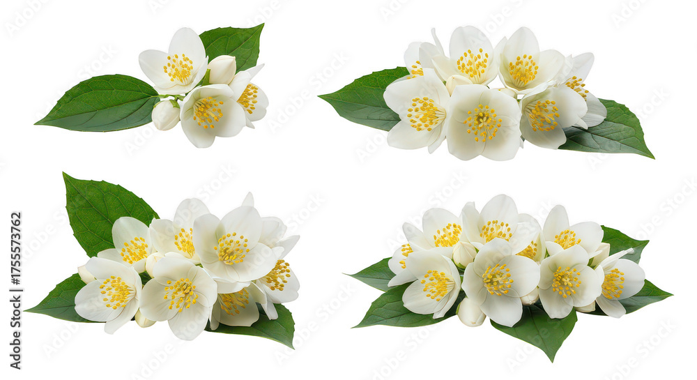 Fototapeta premium White Jasmine Flowers And Leaves Isolated On Black Background