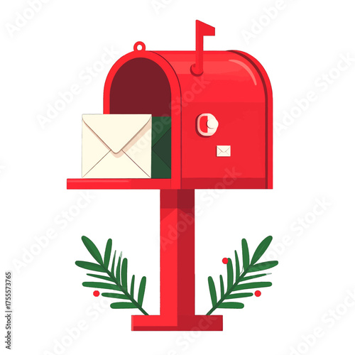Red Mailbox with Envelopes and Greenery Illustration on White Background Isolated Minimalist Flat Design