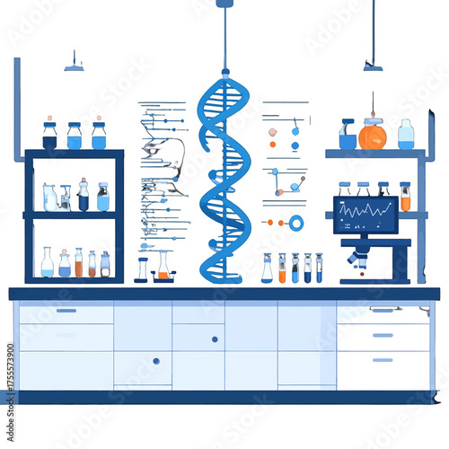Laboratory Interior with Science Equipment and Floating Dna Strand in Blue and White Tones