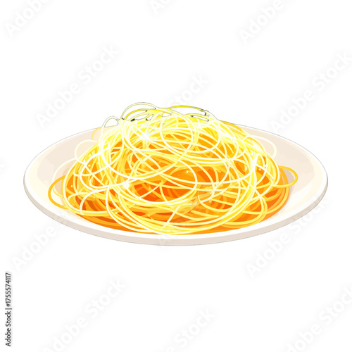 Golden Spaghetti Plate with Yellowish Hue on White Ceramic Plate Simple Italian Dish Perfect For Website and Recipe Illustration Close Up Isolated on White Background