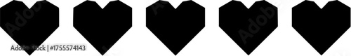 Five geometric origami style black heart icons in a row isolated on white background