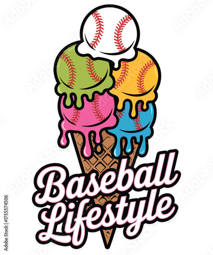 Playful Baseball Lifestyle Graphic Featuring Ice Cream Cone and Baseball Elements Whimsical and Energetic Design