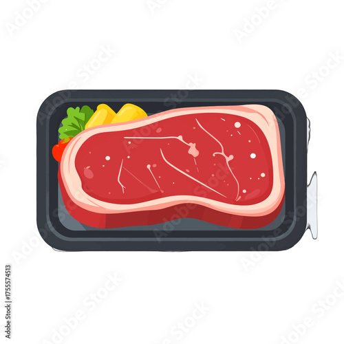 Overhead View of Fresh Raw Red Steak with Marble Texture on Black Tray Accompanied by Yellow and Green Vegetables on White Background