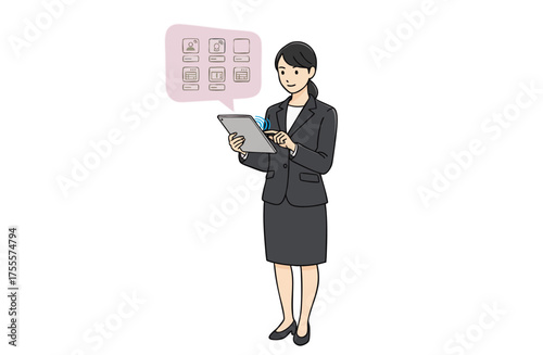 タブレットを操作するビジネスウーマン（全身・シンプルカラー）