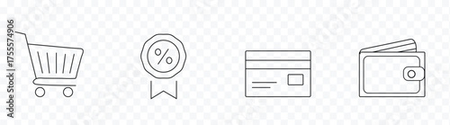 Simple hand drawn icons representing shopping cart award wallet and package on transparent background