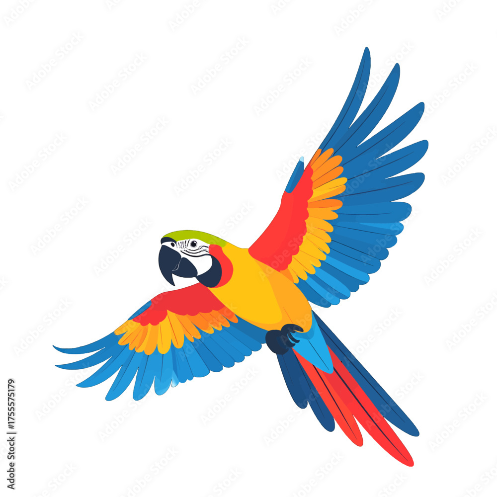 Fototapeta premium Colorful Parrot in Flight Isolated on White Background with Detailed Feathers and Bright Plumage in Digital Illustration Style for Stock Photography
