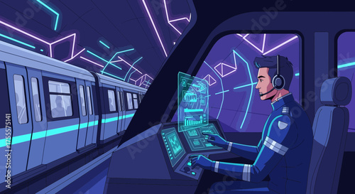Futuristic subterranean transit operation with advanced technology interface