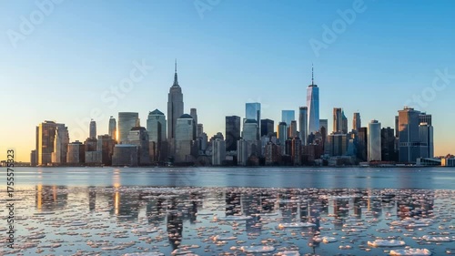 New york city skyline at sunrise with icy water in foreground