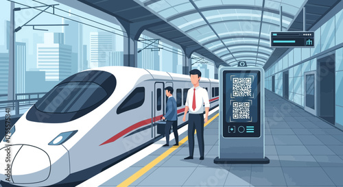 Futuristic travel scene featuring high-speed train, digital kiosk and passengers