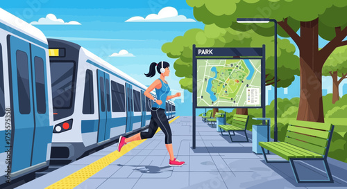 Animated woman jogging at train station next to the park, lifestyle illustration