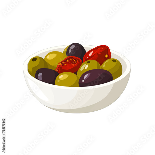 Pixel Art Bowl of Olives and Tomatoes on White Background
