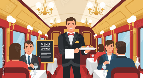 Elegant fine dining experience on a moving train, charming setting for special occasions