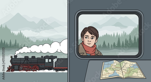 Nostalgic train journey through mountainous landscapes with thoughtful traveler