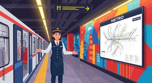 Enthusiastic Metro Employee Greets Passengers at a Vibrant Underground Station