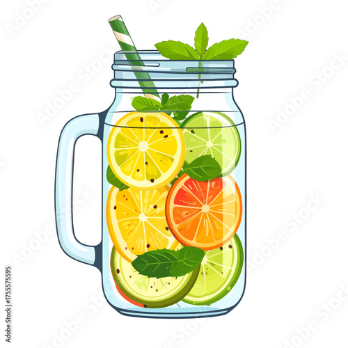 Pixel Art Clear Mason Jar Filled with Citrus Slices Straw and Mint Leaves on White Background Refreshing Drink