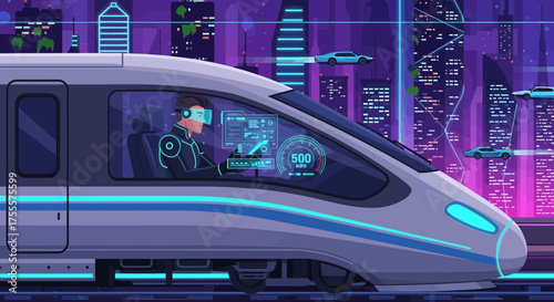 Futuristic high-speed train in neon cityscape with virtual reality driver experience