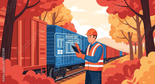 Railway cargo inventory management on autumnal route with transportation employee