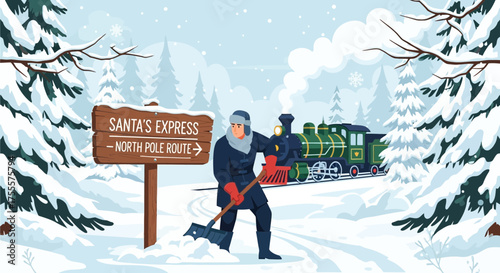 Illustration of winter wonderland train scene with Santa's Express route sign