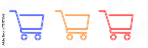 A set of three vibrant neon shopping cart icons in blue, orange, and red glowing against a clean white background, perfect for e-commerce and retail themes.