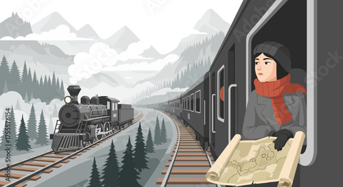 Vintage train journey through misty mountains with pensive traveler and detailed map