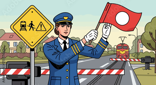 Safety guard with flag at railroad crossing blocking traffic from oncoming train