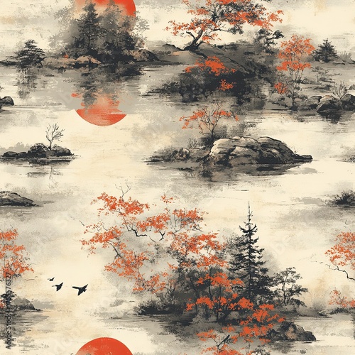 Seamless Japanese garden pattern with trees and red sun, soft watercolor landscape.