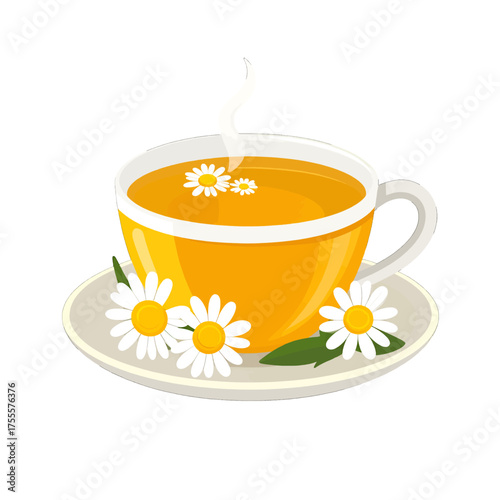 Steaming Yellow Herbal Tea in Glass Cup with Chamomile Flowers on White Background