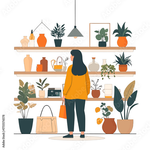 Woman Viewing Plants on Shelves with Decorative Pots in Interior Decor Store with Neutral Color Palette