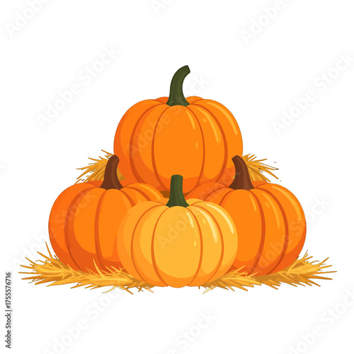 Stack of Five Orange Pumpkins on Golden Hay Bales Fall Harvest Festival Concept Pixel Art Style Isolated Against White Background