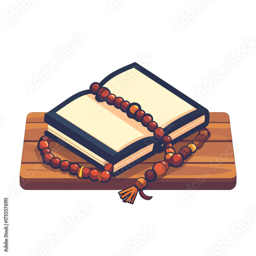 Open Book with Rosary Beads on Wooden Surface Still Life Pixel Art Style Illustration