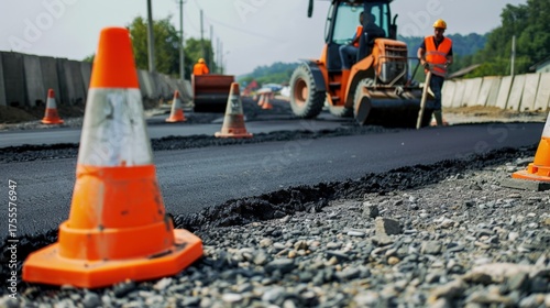 Construction site with orange traffic cones. Workers in safety vests operate machinery on a road. Asphalt is being laid down. Clear blue sky in the background.