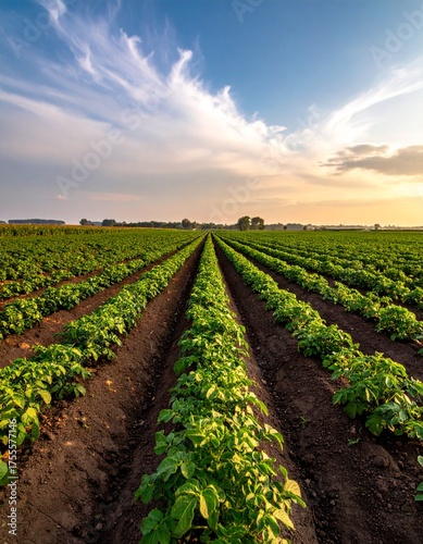 A wide landscape view of neat, evenly spaced rows of potato plants growing in a fertile agricultural field. The green potato leaves contrast beautifully with the rich, dark brown soil. 