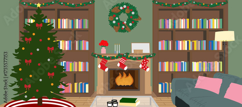 christmas living room with gifts, fireplace and decorations. cozy interior with christmas tree, books on shelf, candles, flower, sofa, rug, floor lamp, sock, armchair.