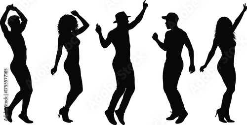 Silhouette of people dancing in various poses, modern party celebration illustration, energetic movement and music vibe, black and white vector design for creative artwork