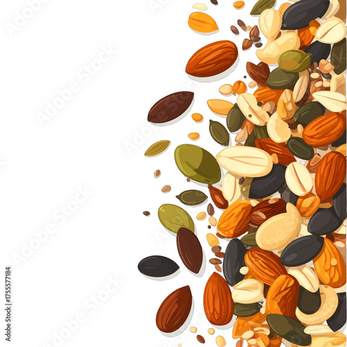 Pile of Seeds and Nuts Almonds Cashews and Oat Flakes Isolated Against White Background Healthy Food Theme with Natural Colors
