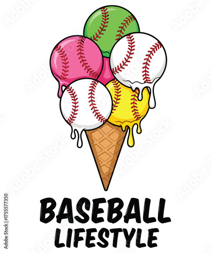 A Whimsical Baseball Fusion An Ice Cream Cone Featuring Baseball Scoops in a Fun and Playful Design
