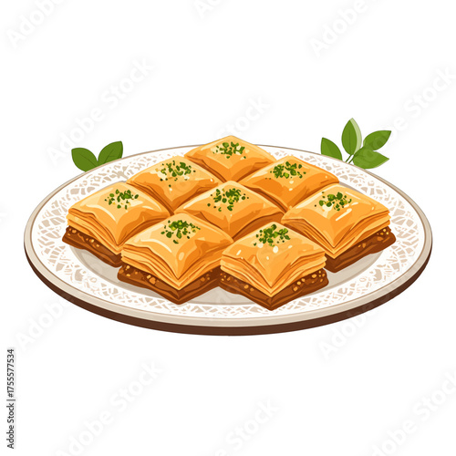 Delicious Baklava on a Decorative Plate with Green Garnish a Golden Pastry Dessert with Layered Dough and Syrup in Square Shape on White Background
