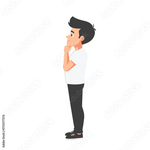 Contemplative Pixel Art Man Standing with Hand on Chin in White T-Shirt on White Background