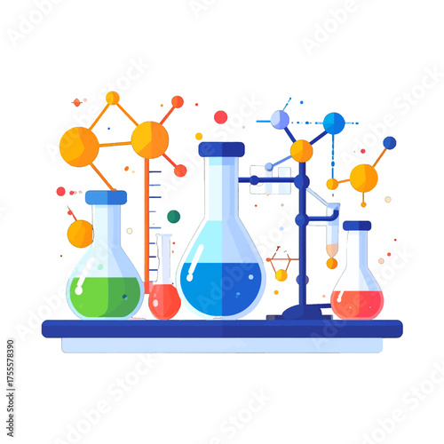 Scientific Laboratory Setup With Beakers And Colorful Liquid Experiments On White Background Study Education Concept Research And Scientific Discovery