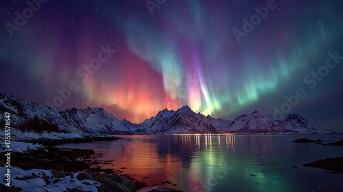 Vibrant Aurora Borealis over Snowy Nordic Landscape