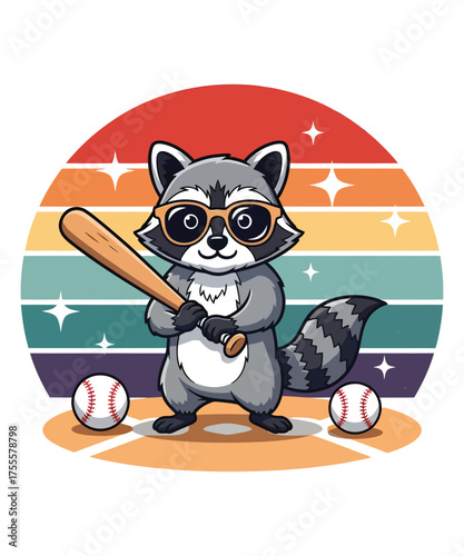 Cartoon Raccoon Ready to Bat with Retro Sunset and Baseballs for a Fun and Whimsical Design