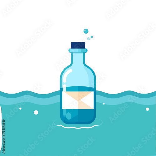 Message in a Bottle Email Concept Blue Glass Container Floating in Ocean Water Under Bright Lighting and White Background